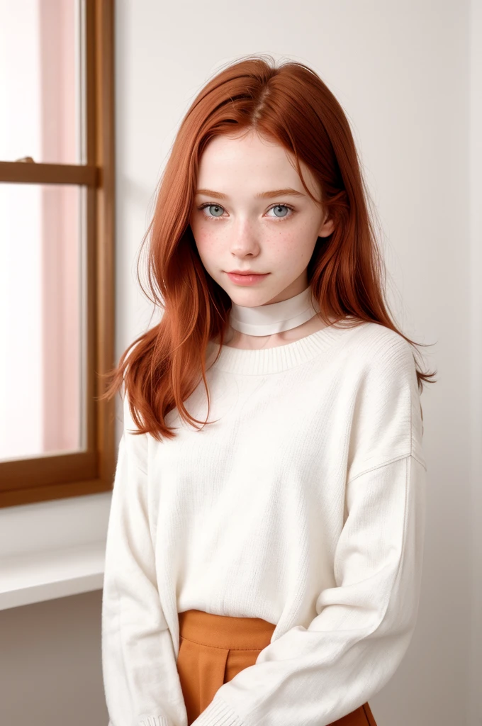 raw photo,(16yo skinny redhead girl:1.2), cheek dimples, blushing, graphic eyeliner, rouge, (lipstick:0.6), (choker:0.9), realistic skin texture, oversize knit sweater, (red:0.8), softcore, warm lighting, cosy atmosphere, instagram style, nsfw , naive, shy, short, thin, fit, beautiful, cute, pale skin
