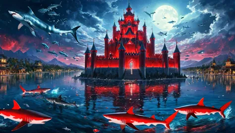 Fantasy art, At night, the lake turns blood red and a shining white tower stands in the middle of the clear lake. Fluorescent gr...