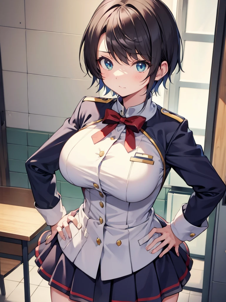 tomboy、Hands on hips、Leaning forward、Big Breasts、uniform