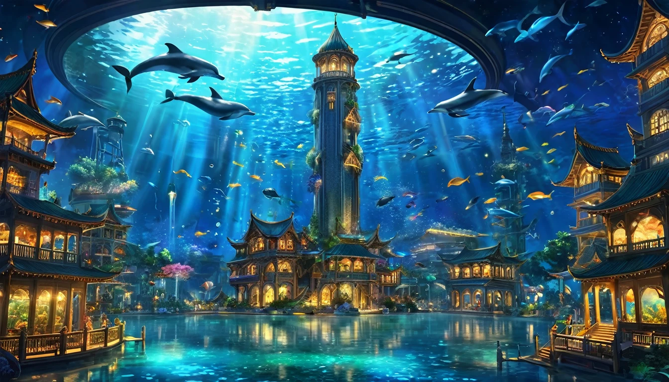 Fantasy art, At night, a luminous tower stands in the clear lake, and luminous dolphins fly around the tower.、 The surrounding space itself becomes a giant aquarium., Beautiful light decoration, Wide Shot, Realistic, Epic shots, Detailed Buildings, Detailed colorful fish