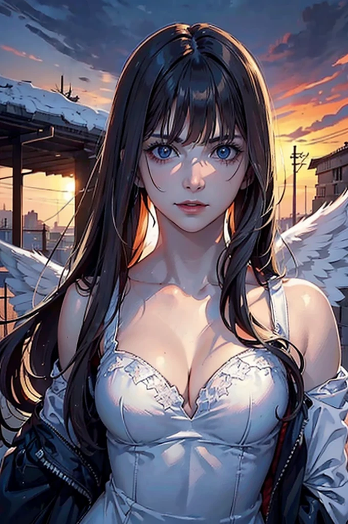(best quality,ultra-detailed,realistic:1.37), evil female angel in the sky, post-dystopian setting, villains, angels destroying a village, revealing white angel clothing, blue eyes, evil smile, angels laughing, destroyed village in background, white halos, holding swords, dark clouds, fallen buildings, blood-red skies, powerful wings, damaged halos, fierce expressions, gloomy and desolate landscape, ominous aura, destruction and chaos, menacing presence, ruthless demeanor, violence, death, suffering, main villain, pure looking angel with an evil facial expression, large angel wings on both sides