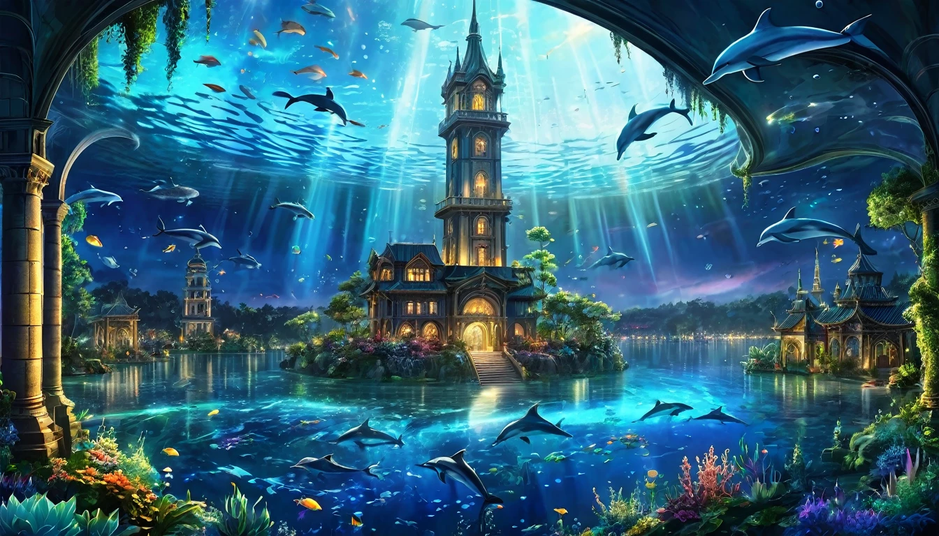 Fantasy art, At night, a shining tower stands in the clear lake. Around the tower, plants are entangled and shining dolphins fly in the air.、 The surrounding space itself becomes like a giant aquarium., Beautiful light decoration, Wide Shot, Realistic, Epic shots, Detailed Buildings, Detailed colorful fish