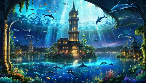 Fantasy art, At night, a shining tower stands in the clear lake. Around the tower, plants are entangled and shining dolphins fly...
