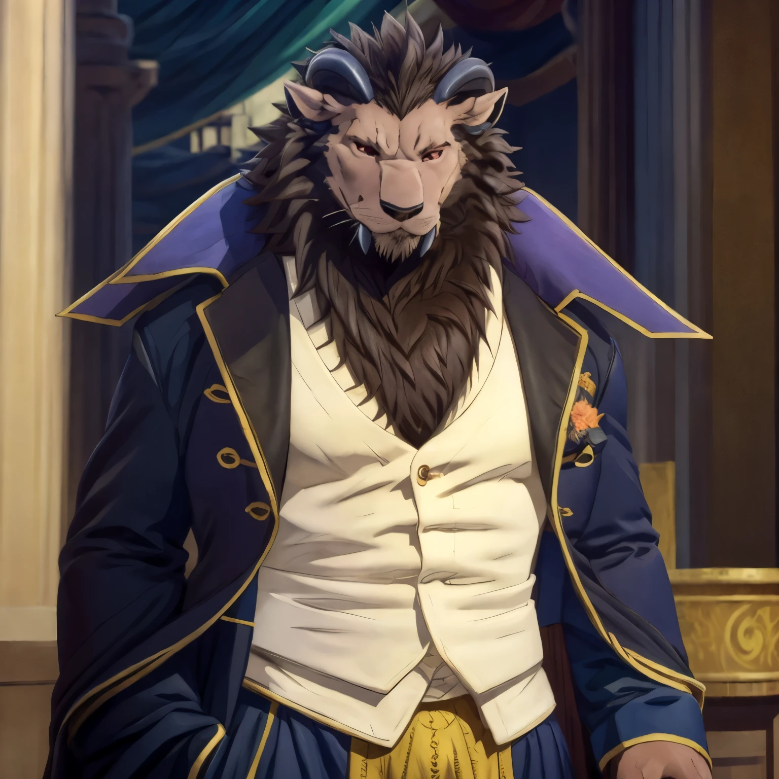 (Highest quality, 32K High Resolution:1.2, Very detailed, Realistic, photoRealistic, masterpiece,), Official Art, Full Body View, male, good looking, Majestic Beast, Dark sienna brown fur, Black Mane, Leonhard, Muscular body, Crimson Eyes, Serious look , Small ears, Curved black horns, Long upper jaw crab teeth