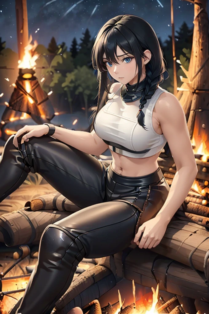 ((masterpiece)), (bestquality), ((ultra-detailed)), depth of field, (dynamic angle),detailed lighting, (beautiful detailed blue eyes), 1woman, ((voluminous long black hair styled into one single long braid down to her waist)), tomboy, ((sitting at a campfire at night: 1.4)),perfect Body, medium bust, adventuring, ((Forest, outside, wearing plate Armor and leather pants: 1.4))