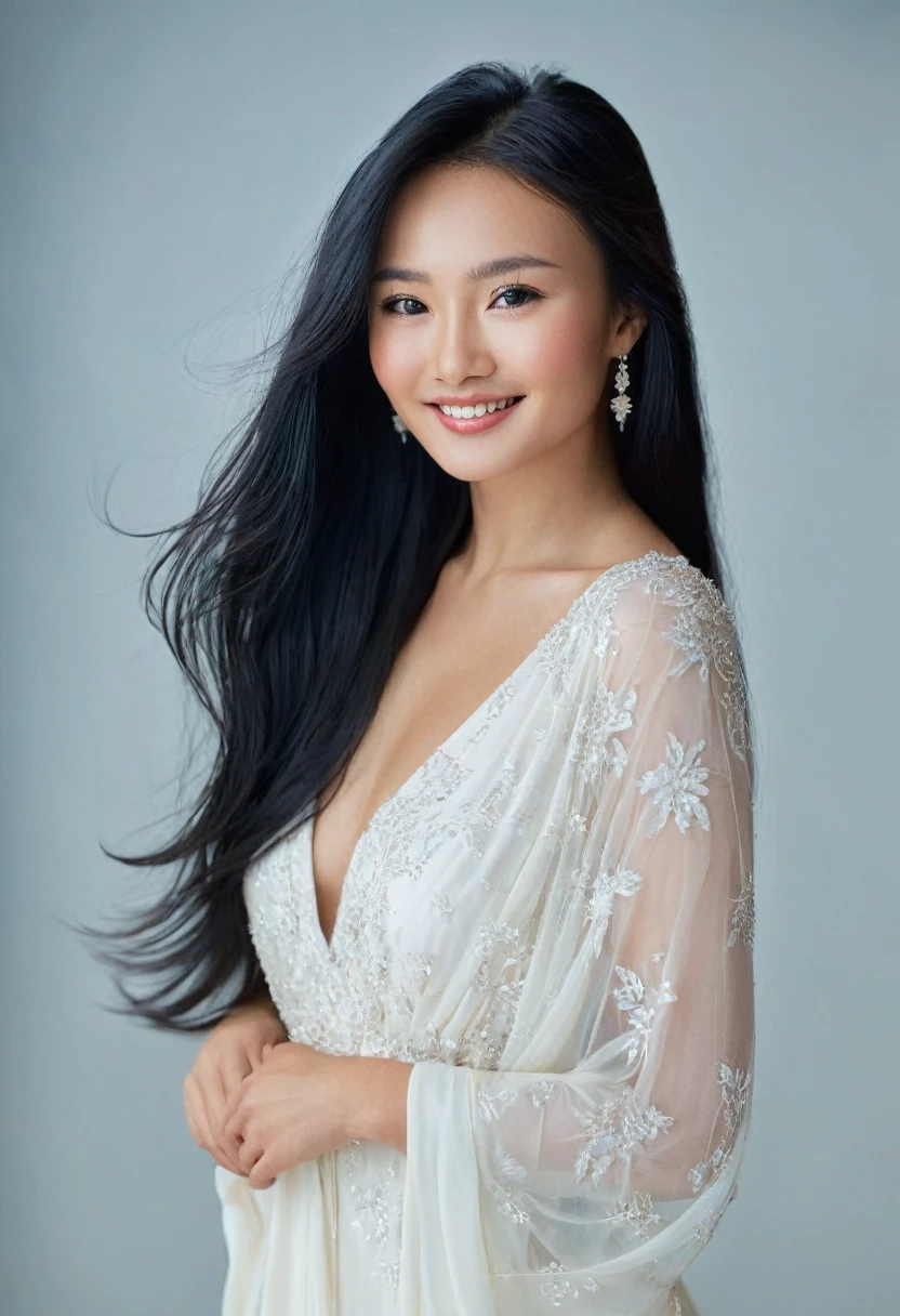 Medium format HD photo, (Stunning gorgeous eurasian female:1.3), Symmetrical composition, Striking features, Luminous skin, (Flowing black hair:1.2), Radiant smile, Captivating gaze, Elegant posture, (Soft natural light:1.3), Captured with a Phase One XF IQ3 100MP, 80mm f/2.8 lens, Clear details, Ethereal beauty, Timeless allure.