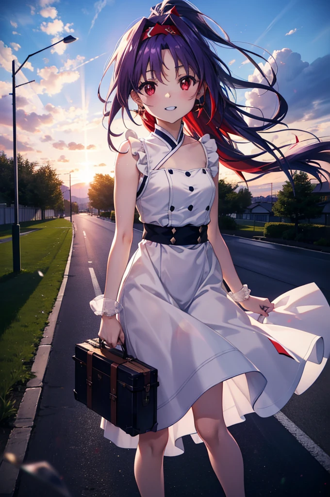 yuukikonno, Konno Yuuki, hair band, Long Hair, Pointed Ears, Purple Hair, (Red eyes:1.5), (Small breasts:1.2),Side Ponytail,smile,Grin,Purple sleeveless dress、Cute Sandals,Put your right hand on your hip,Push-type suitcase,Are standing,Daytime,whole bodyがイラストに入るように, 　　　　　break looking at viewer, whole body,  　　　　　　　　　　　　　　　　　　　break outdoors,countryside, Residential Street,In town,　　　　　　　　　　　　break (masterpiece:1.2), Highest quality, High resolution, unity 8k wallpaper, (figure:0.8), (Detailed and beautiful eyes:1.6), Highly detailed face, Perfect lighting, Extremely detailed CG, (Perfect hands, Perfect Anatomy),チックなmorning日,morning,Extreme light，　　　　　　　　　　