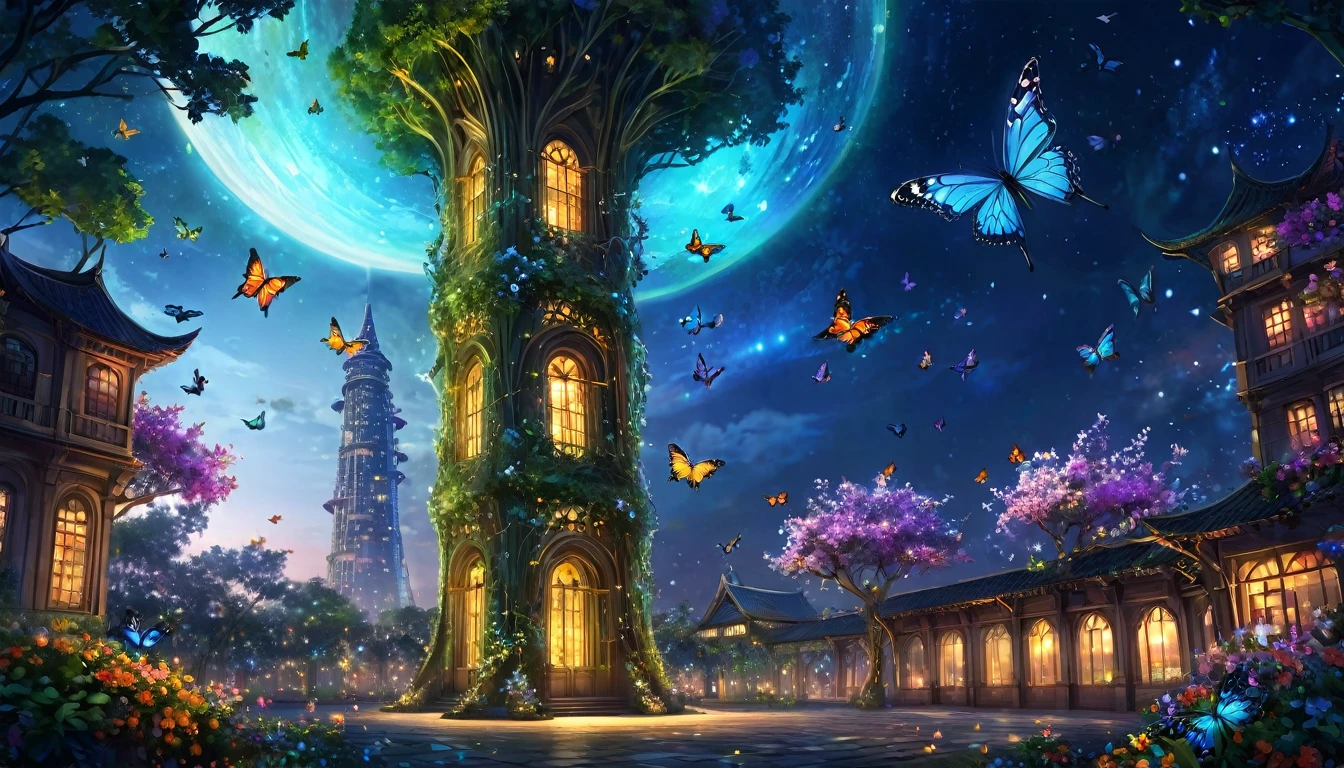 Fantasy art,
 At night, the World Tree Tower is built, which emits a transparent, glowing sap. Around the tower are vines entwined around it, and colorful butterflies and flowers fly through the air.、 The surrounding space itself becomes like a huge closed space., Beautiful light decoration, Wide Shot, Realistic, Epic shots, Detailed Buildings, Detailed colorful butterflies and flowers