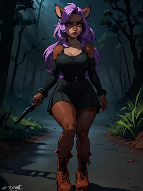 A dark anthro bandicoot girl with purple hair, wearing a dark dress, skirt, tights, and combat boots, (best quality,4k,8k,highre...