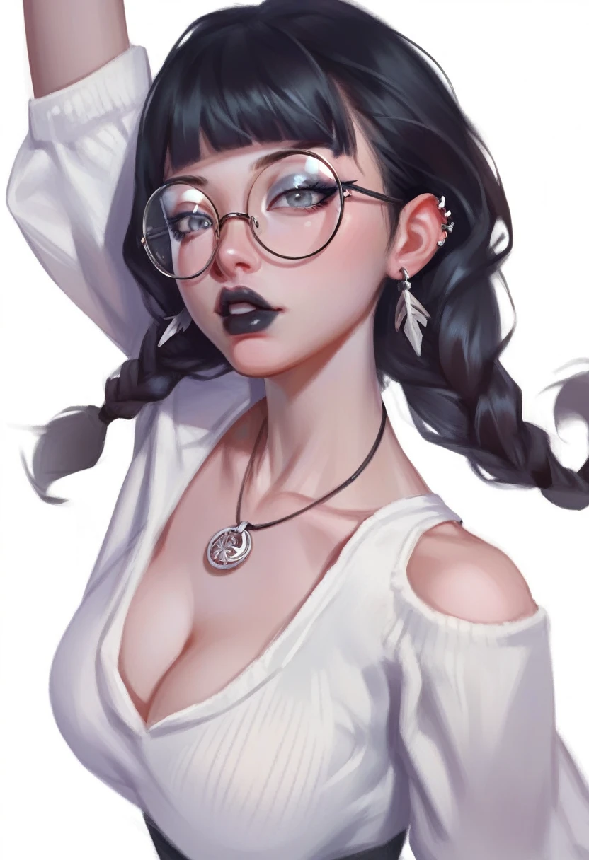 fuzzy, traditional art, Liu2, brush texture, check_9, check_8_up, check_7_up, 1 girl, black hair, braids, straight hair, long hair, grey eyes, thin lips, Small, Long eyelashes, half-closed eyes, black-rimmed glasses, round glasses, black necklace, Blunt bangs, adult, black eyeliner, big breasts, ear piercing, black lips, grey eyeshadow, Looking at the viewer, BREAK solo, standing, adult, skinny, high leg, arched back, hip gap, BREAK (White background:1.2), simple background, dynamic pose, dynamic angle, Corner shot,