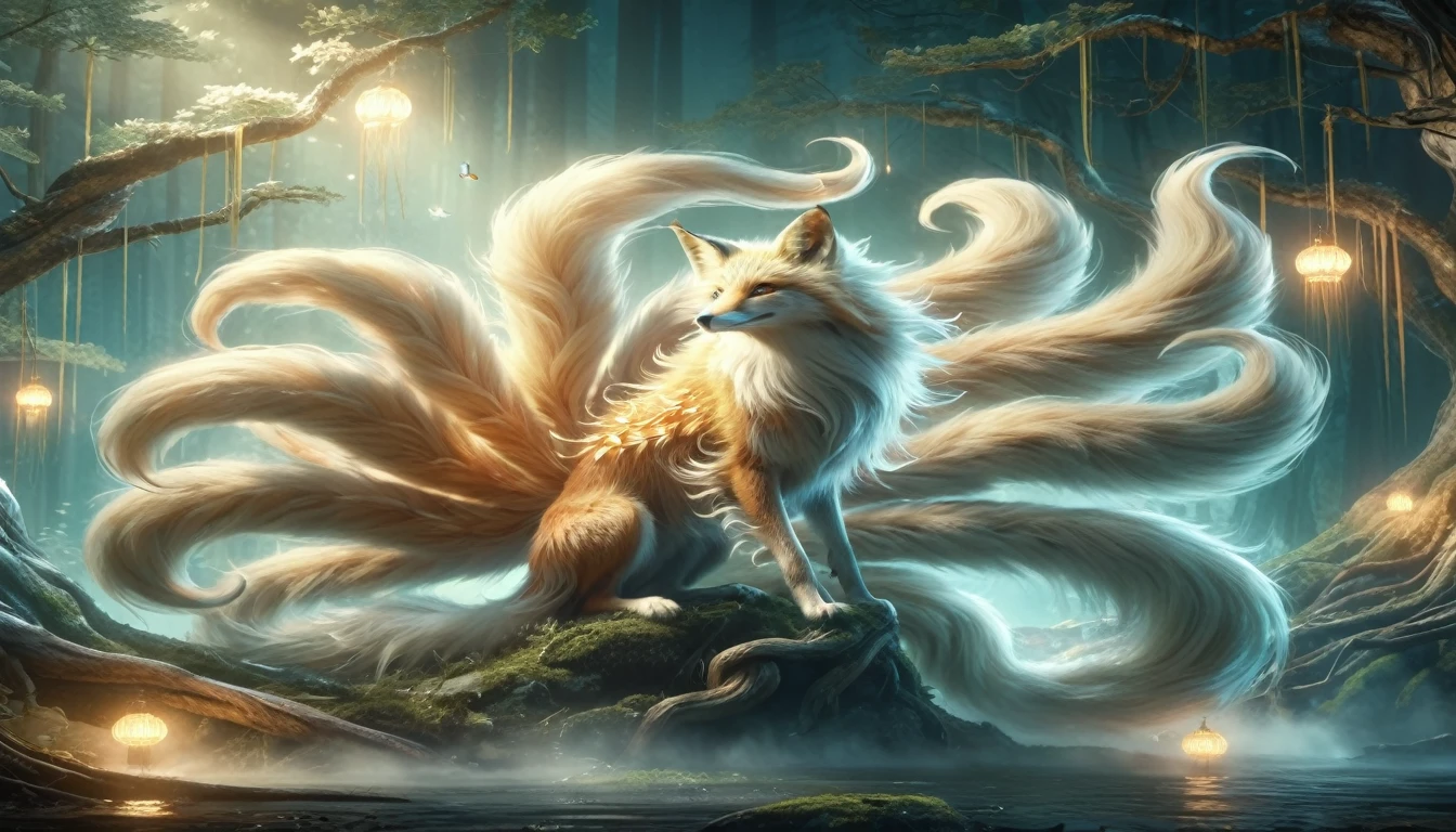 panorama，Beast in the forest，Looks like a fox with nine tails on its back，Mysterious Creatures, bird, (Highest quality，4K，8K，upper，masterpiece：1.2），Super detailed，（real，Photo realistic，Photo realistic：1.37），Very detailed drawings of animals，Complex patterns，Real Lighting，Fantasy creatures