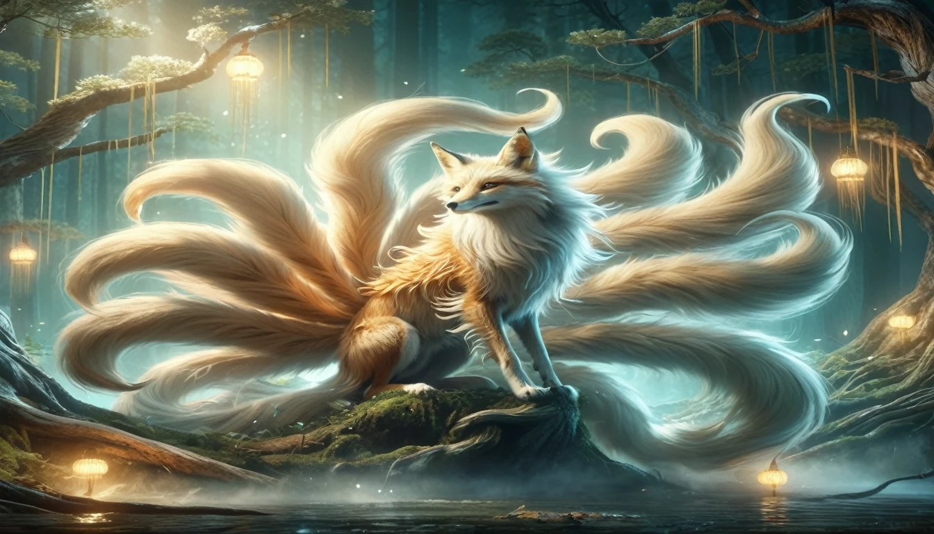 panorama，Beast in the forest，Looks like a fox with nine tails on its back，Mysterious Creatures, bird, (Highest quality，4K，8K，upper，masterpiece：1.2），Super detailed，（real，Photo realistic，Photo realistic：1.37），Very detailed drawings of animals，Complex patterns，Real Lighting，Fantasy creatures