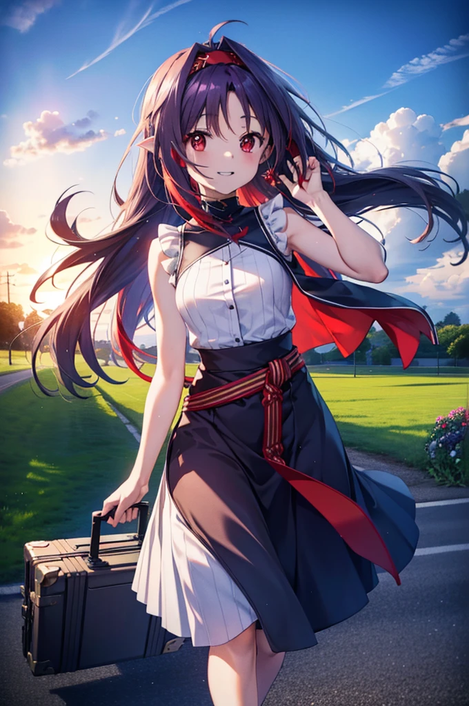 yuukikonno, Konno Yuuki, hair band, Long Hair, Pointed Ears, Purple Hair, (Red eyes:1.5), (Small breasts:1.2),Side Ponytail,smile,Grin,Purple sleeveless dress、Cute Sandals,Put your right hand on your hip,Push-type suitcase,Are standing,Daytime,whole bodyがイラストに入るように, 　　　　　break looking at viewer, whole body,  　　　　　　　　　　　　　　　　　　　break outdoors,countryside, Residential Street,In town,　　　　　　　　　　　　break (masterpiece:1.2), Highest quality, High resolution, unity 8k wallpaper, (figure:0.8), (Detailed and beautiful eyes:1.6), Highly detailed face, Perfect lighting, Extremely detailed CG, (Perfect hands, Perfect Anatomy),チックなmorning日,morning,Extreme light，　　　　　　　　　　