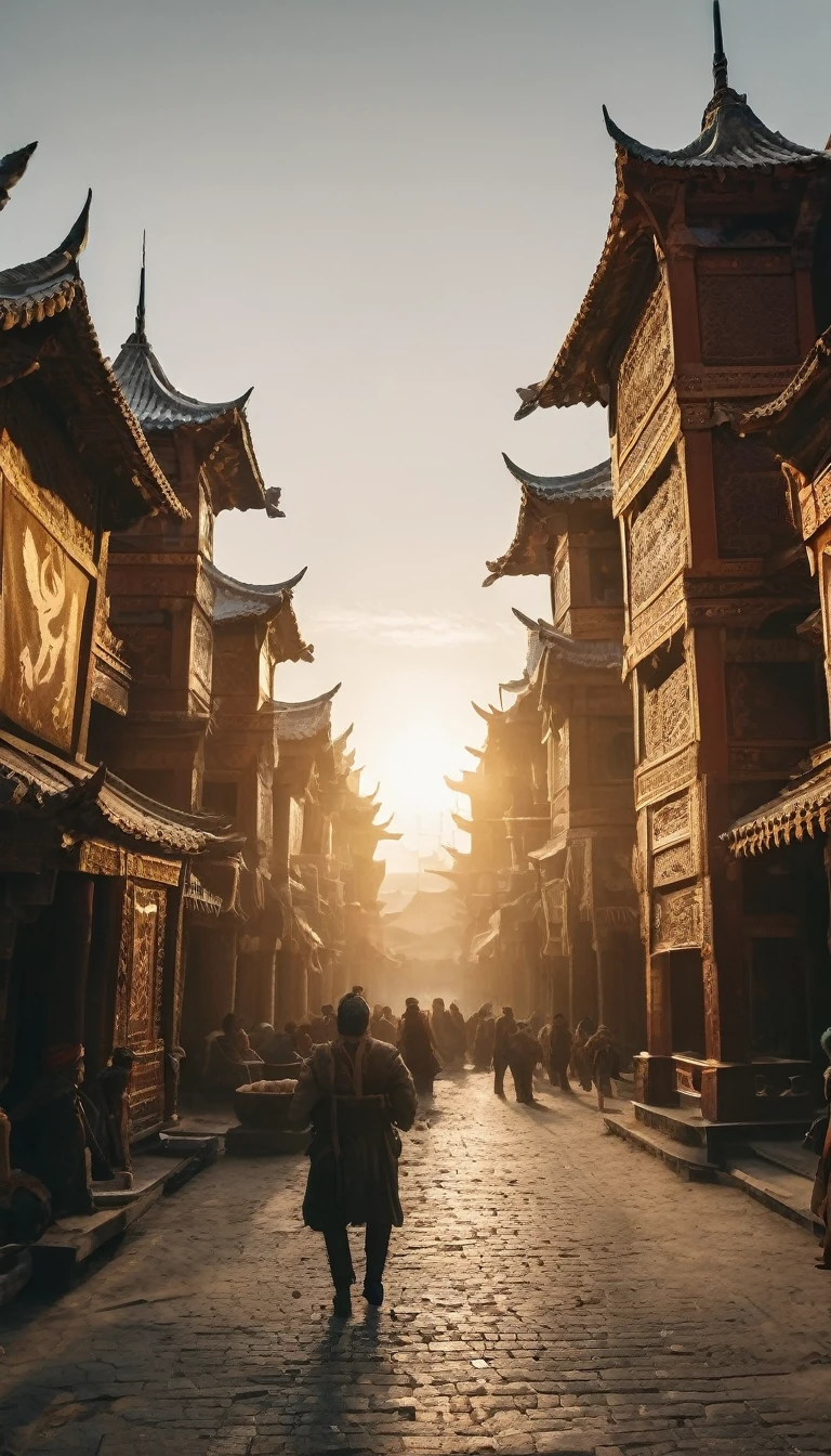 Genghis Khan’s empire at its height, bustling with trade and cultural exchange, background dark gold sun, hyper realistic, ultra detailed hyper realistic, photorealistic, Studio Lighting, reflections, dynamic pose, Cinematic, Color Grading, Photography, Shot on 50mm lens, Ultra-Wide Angle, Depth of Field, hyper-detailed, beautifully color, 8k