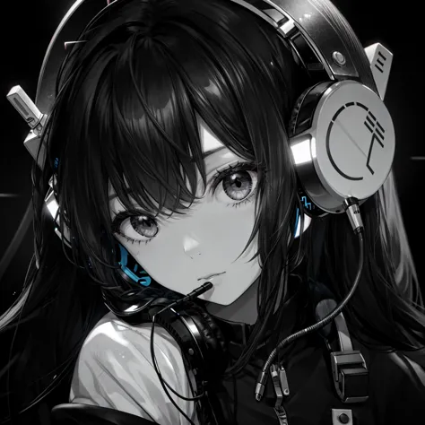 Girl, close-up, black hair, black eyes, black and white only, high quality, headphones