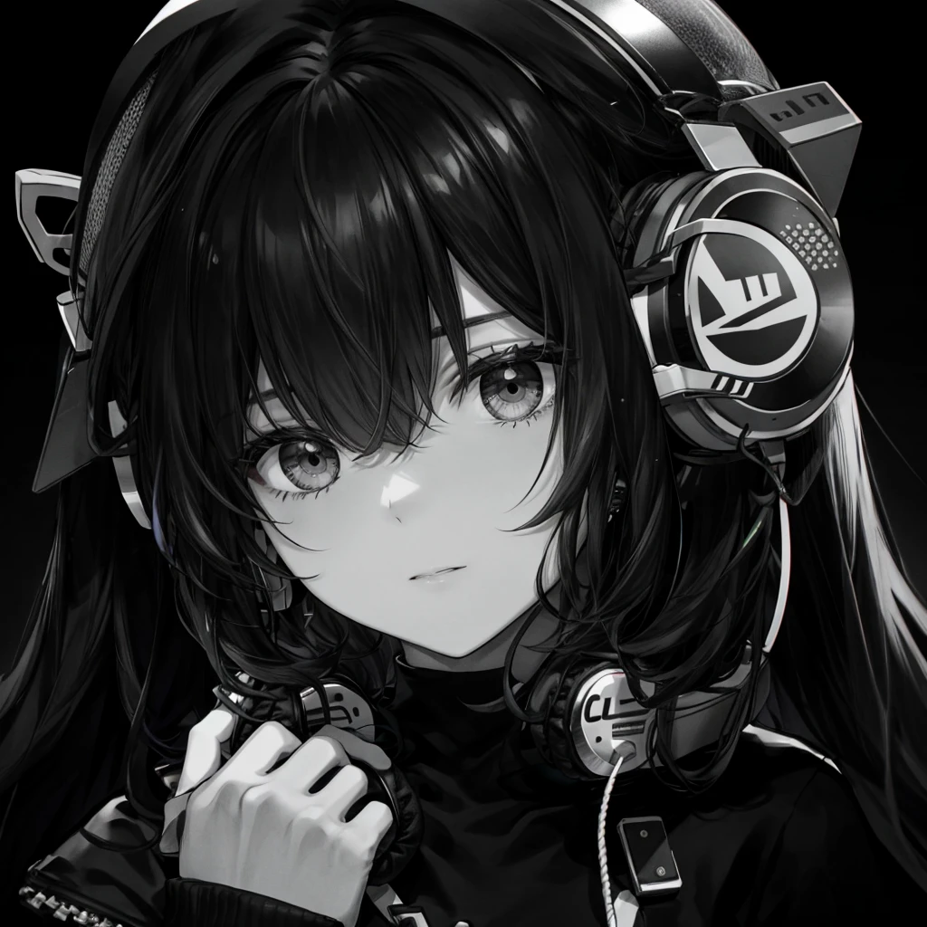 Girl, close-up, black hair, black eyes, black and white only, high quality, headphones