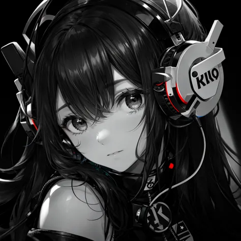 Girl, close-up, black hair, black eyes, black and white only, high quality, headphones