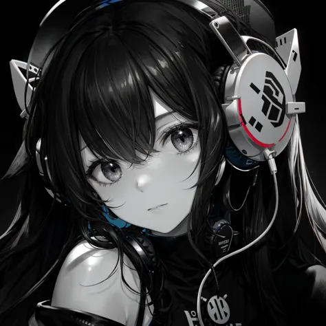 Girl, close-up, black hair, black eyes, black and white only, high quality, headphones