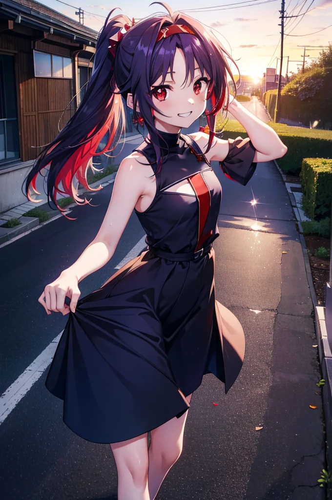 yuukikonno, Konno Yuuki, hair band, Long Hair, Pointed Ears, Purple Hair, (Red eyes:1.5), (Small breasts:1.2),Side Ponytail,smile,Grin,Purple sleeveless dress、Cute Sandals,Put your right hand on your hip,Push-type suitcase,Are standing,Daytime,whole bodyがイラストに入るように, 　　　　　break looking at viewer, whole body,  　　　　　　　　　　　　　　　　　　　break outdoors,countryside, Residential Street,In town,　　　　　　　　　　　　break (masterpiece:1.2), Highest quality, High resolution, unity 8k wallpaper, (figure:0.8), (Detailed and beautiful eyes:1.6), Highly detailed face, Perfect lighting, Extremely detailed CG, (Perfect hands, Perfect Anatomy),チックなmorning日,morning,Extreme light，　　　　　　　　　　