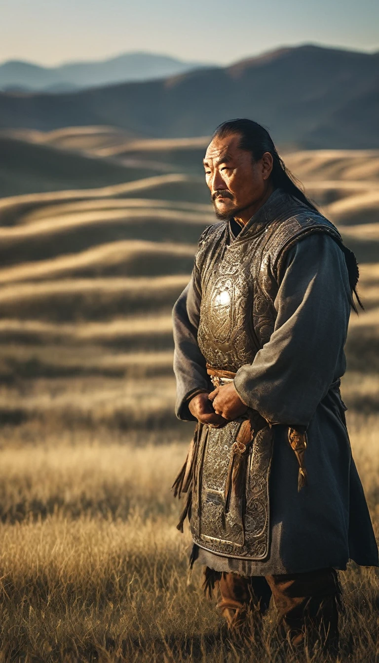 Genghis Khan overlooking the vast Mongolian grasslands, contemplating his legacy, background dark gold sun, hyper realistic, ultra detailed hyper realistic, photorealistic, Studio Lighting, reflections, dynamic pose, Cinematic, Color Grading, Photography, Shot on 50mm lens, Ultra-Wide Angle, Depth of Field, hyper-detailed, beautifully color, 8k