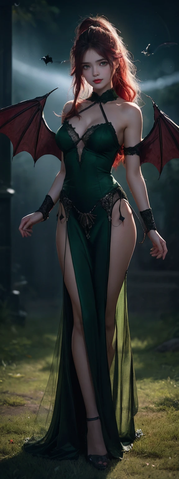 Medium shot, full body, perfect body, showing her for proniment sharp canine sharp focus, woman focus (Best Illustration), 8k Resolution, Intricate Details, Best Quality, Realistic, Ultra Detailed, Best Lighting, Best Shadows, Ultra HD, BREAK A Necromancer, Night, dark Magical auras, Dark Style, Vampire, Bat wings, (( alot of bats flying around, fog, blood splash on the ground, red sky, dark theme)), (shining green eyes:1.6),(blood on her body and face and eyes:1.2)BREAK masterpiece, high_res, Beautiful face, tyndall effect, photo realistic, (high detailed skin:1.2), 8k uhd, dslr, high quality, Photograph, high resolution,(extremely detailed), 8k, Bokeh, BREAK medium breasts, absurdres, ponytail contorted, best ratio four finger and one thumb, mature,tall body, red dress