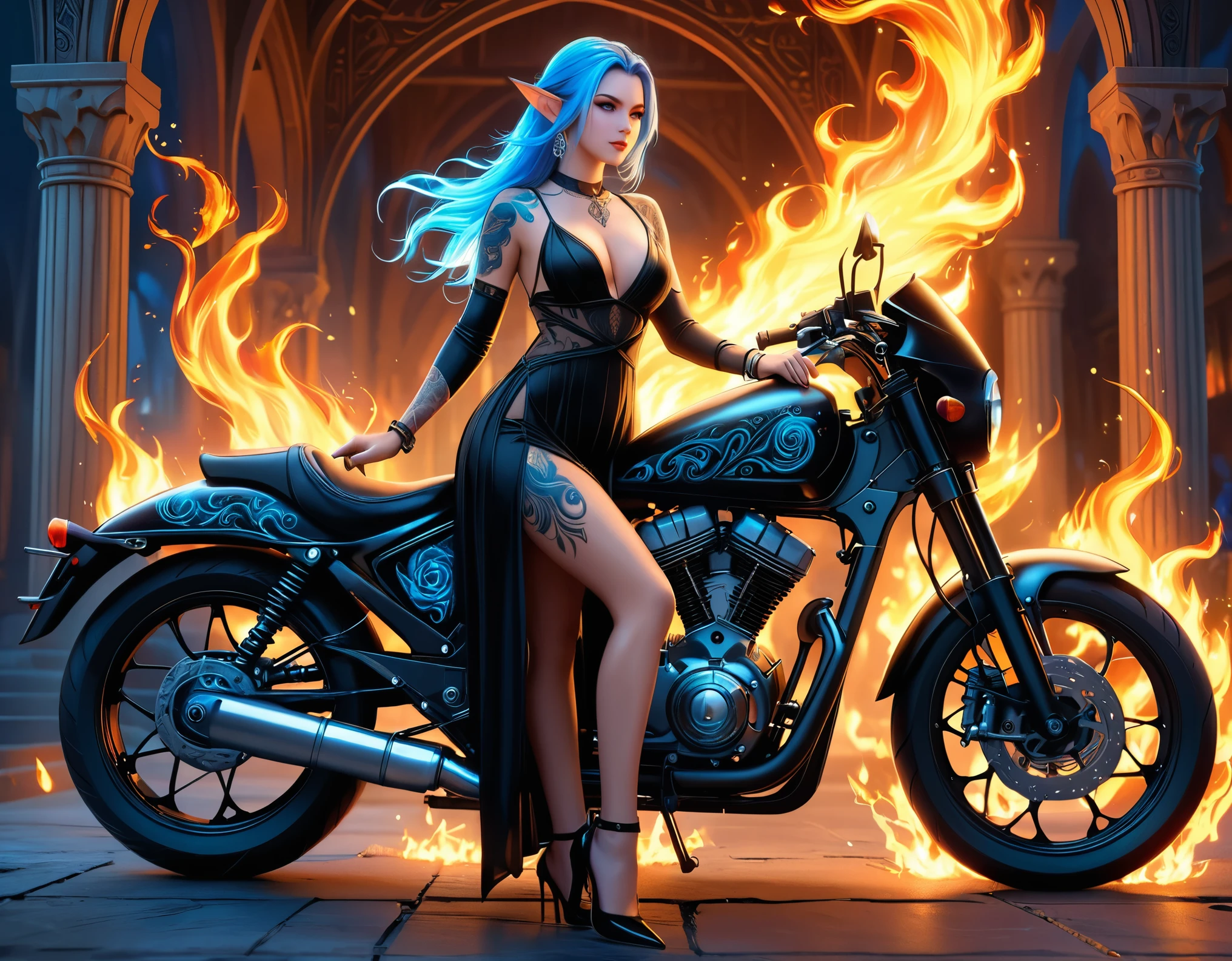 Arabisch, Dark Fantasy-Kunst, Fantasy-Kunst, Gothic Kunst, ein Bild einer tätowierten Elfe neben ihrem Motorrad (Meisterwerk, am besten detailliert, Ultra-Detail: 1.5)  Das Tattoo lebt, komplizierte Details werden durch die Tinte zum Leben erweckt, GlühendeRunenAI_blass_Blau, ((Feuer umgibt das Motorrad: 1.5)), ultrafeminin, ((schönes zartes Gesicht)), Ultradetailliertes Gesicht, kleine spitze Ohren, dynamischer Winkel, ((die Rückseite ist sichtbar: 1.3), sie trägt ein transparentes schwarzes Kleid, das Kleid ist elegant, fließend, Elfenstil, dass die Tattoos leuchten, dynamische Haarfarbe, Dynamische Frisur, hohe Details, beste Qualität, 16K, [ultra-detailliert], Meisterwerk, beste Qualität, (extrem detailliert), dynamischer Winkel, Ganzkörperaufnahme, Interessiert, Etwas abonnieren, digitale Zeichnung