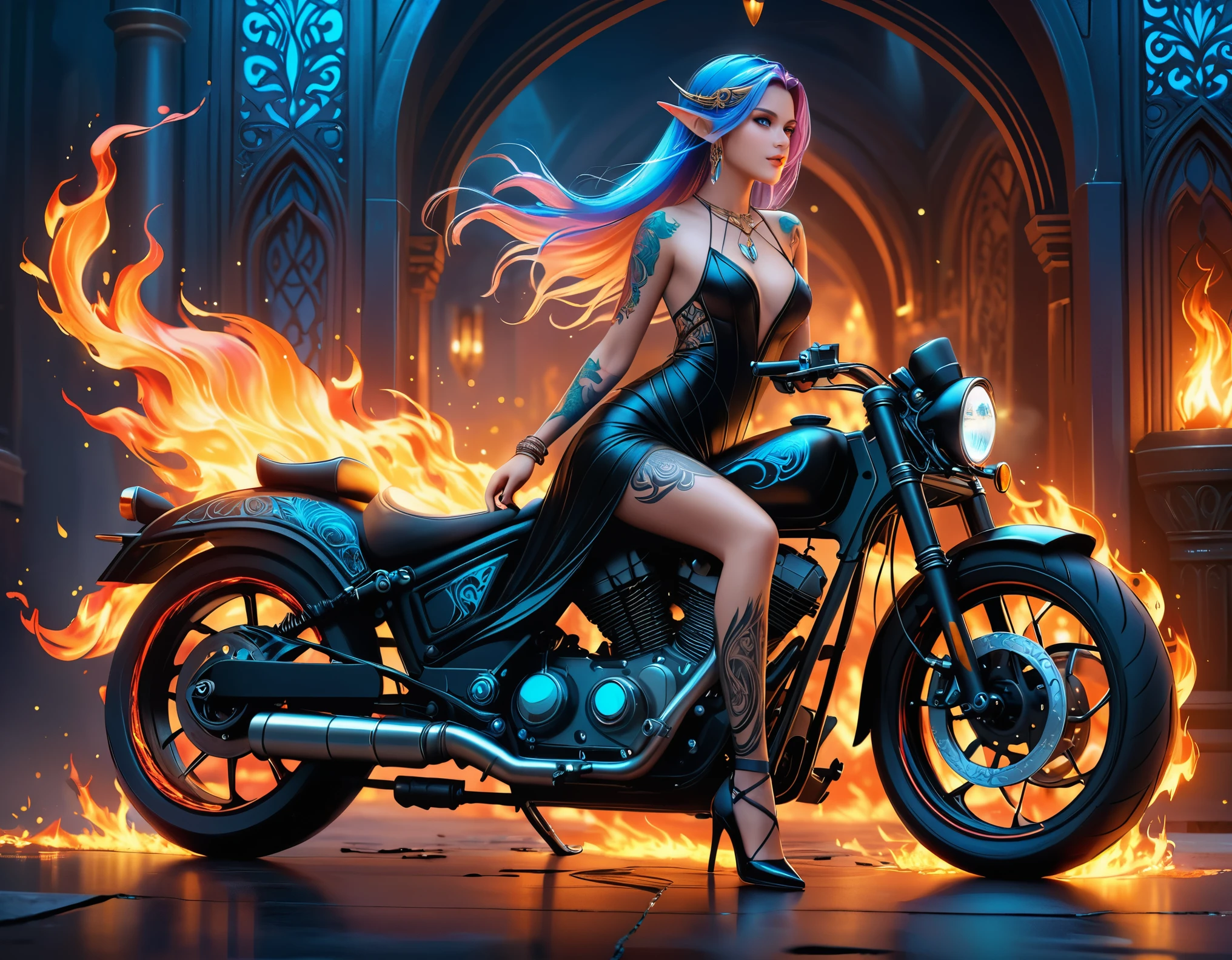 Arabisch, Dark Fantasy-Kunst, Fantasy-Kunst, Gothic Kunst, ein Bild einer tätowierten Elfe neben ihrem Motorrad (Meisterwerk, am besten detailliert, Ultra-Detail: 1.5)  Das Tattoo lebt, komplizierte Details werden durch die Tinte zum Leben erweckt, GlühendeRunenAI_blass_Blau, ((Feuer umgibt das Motorrad: 1.5)), ultrafeminin, ((schönes zartes Gesicht)), Ultradetailliertes Gesicht, kleine spitze Ohren, dynamischer Winkel, ((die Rückseite ist sichtbar: 1.3), sie trägt ein transparentes schwarzes Kleid, das Kleid ist elegant, fließend, Elfenstil, dass die Tattoos leuchten, dynamische Haarfarbe, Dynamische Frisur, hohe Details, beste Qualität, 16K, [ultra-detailliert], Meisterwerk, beste Qualität, (extrem detailliert), dynamischer Winkel, Ganzkörperaufnahme, Interessiert, Etwas abonnieren, digitale Zeichnung