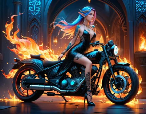 Arabic, Dark fantasy art, fantasy art, Gothic Kunst, a picture of a tattooed elf next to her motorcycle (​masterpiece, best deta...