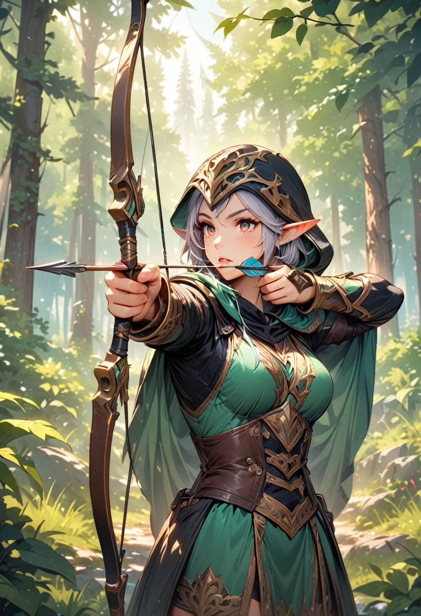 (Ashe: Archer,Characters appearing in League of Legends,female elf hunter),nordic forest background,black hooded cloak,Eyes aiming at prey,(bow \(weapon\), arrow \(projectile\), holding bow \(weapon\), aiming, holding arrow, drawing bow,),BREAK,(bow: structurally correct),BREAK,(masterpiece:1.3),(highest quality:1.4),(ultra detailed:1.5),High resolution,extremely detailed,unity 8k wallpaper,anatomically correct,perfect anatomy,rich colors,Calm color scheme,Carefully depicting a beautiful Nordic forest,walk among the trees