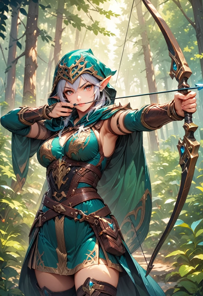 (Ashe: Archer,Characters appearing in League of Legends,female elf hunter),nordic forest background,black hooded cloak,Eyes aiming at prey,(bow \(weapon\), arrow \(projectile\), holding bow \(weapon\), aiming, holding arrow, drawing bow,),BREAK,(bow: structurally correct),BREAK,(masterpiece:1.3),(highest quality:1.4),(ultra detailed:1.5),High resolution,extremely detailed,unity 8k wallpaper,anatomically correct,perfect anatomy,rich colors,Calm color scheme,Carefully depicting a beautiful Nordic forest,walk among the trees