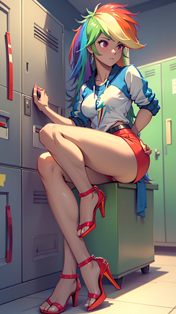 best quality, high quality, a cute girl, solo, rainbow dash, small shirt, spandex shorts, thick thighs, ((open-toe stiletto heels, visible feet, highly detailed feet)), locker room, ((4k, masterpiece, high-resolution))