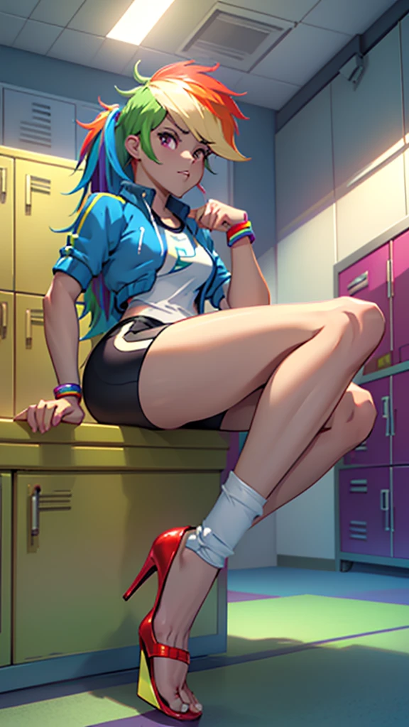 best quality, high quality, a cute girl, solo, rainbow dash, small shirt, spandex shorts, thick thighs, ((open-toe stiletto heels, visible feet, highly detailed feet)), locker room, ((4k, masterpiece, high-resolution))