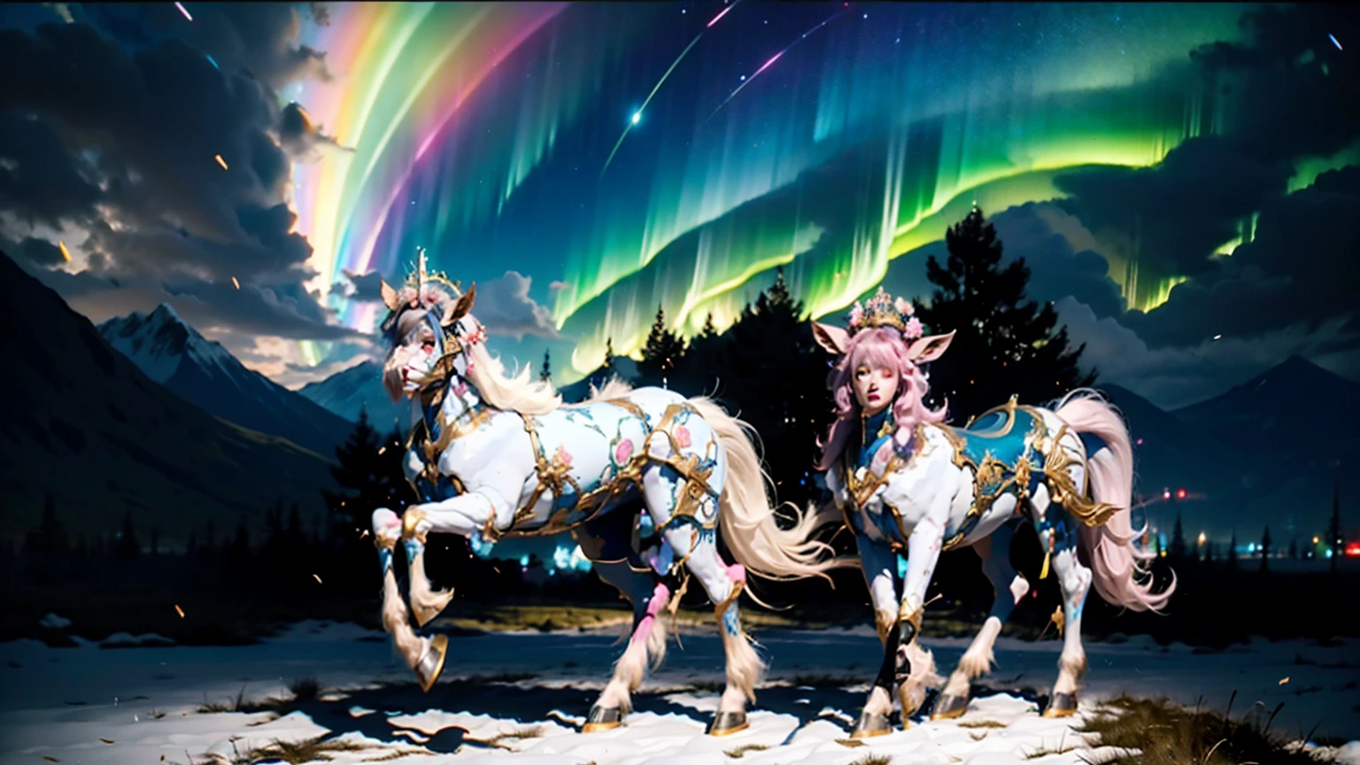 In the beautiful illustration of this super-grand scene，The ultra-distant lens shows us（More than eight distinctive and beautiful female centaurs，Half man, half horse，Half man, half horse character：9.9），Their personality、Distinctive and vivid features。from（A radiant, angelic, snow-white centaur from heaven：1.1），arrive（Nightmare-like fiery red centaur surrounded by flames：1.1）、Arrive again（Green Centaur, the wind fairy dancing in the air：1.1）、Arrive again有（One-horned blue centaur surrounded by lightning：1.1），arrive（A mechanical-style mecha Centaur shining with metallic light：1.1）、Arrive again（A powerful dragon-shaped centaur wearing colorful dragon scale leather：1.1）、Arrive again（A slender elven centaur that is graceful and agile：1.1）Gracefully wears a flower crown、arrive（Enchanting and charming Tiflin centaurs：1.1）、Arrive again（A succubus centaur with an indescribably sexy feeling：1.1）。Each Centaur character fully demonstrates his unique style。The illustration uses advanced artistic techniques and tools，Use nesting、Weaving、Splicing、perspective、interlude、Montage and other artistic techniques，Divide the scene into sections by geometric arrangement，Each part corresponds to a role，from and more efficiently utilize space，Make eight centaurs exist in one picture at the same time，（The style tends to be grotesque、Hayao Miyazaki、Aesthetic、Unavailable：3.3）。Through Midjourney's advanced brush tools、Color palette、Material packs and model packs、Texture tools，For each centaur, beautiful props are designed to increase racial characteristics、Clothing and physical features，Enhances the character's personality and visual appeal，（Stunning landscapes in illustrations，There are changing skies、rainbow、Aurora、Stars and Moon，Incorporating iconic landmarks such as Mount Everest，and fireworks、Tranquil Lake、Natural and urban elements of waves and neon lights，Creates a magical atmosphere：1.5），Centaurs demonstrate their unique abilities and equipment in a variety of environments，This is true even in extreme alien landscapes。Use Midjourney's toolaterial packs、Texture tools、The color palette makes depicting details vivid and realistic，from complex hairstyles and different ethnic characteristics、Body、Appearance features、Clothing arrives with realistic textures，Greatly improved the realism of the Centaurs and their surroundings，The fusion of multiple art styles adds dynamism to the character&#39;s movement at all angles，The overall visual experience is further enriched。The final illustration was described as a "masterpiece"，It has the characteristics of "best quality" and "realistic"，The details put into the creative process are shown、Level of creativity and craftsmanship。 hdr，（Reality，Masterpiece quality，Best quality）