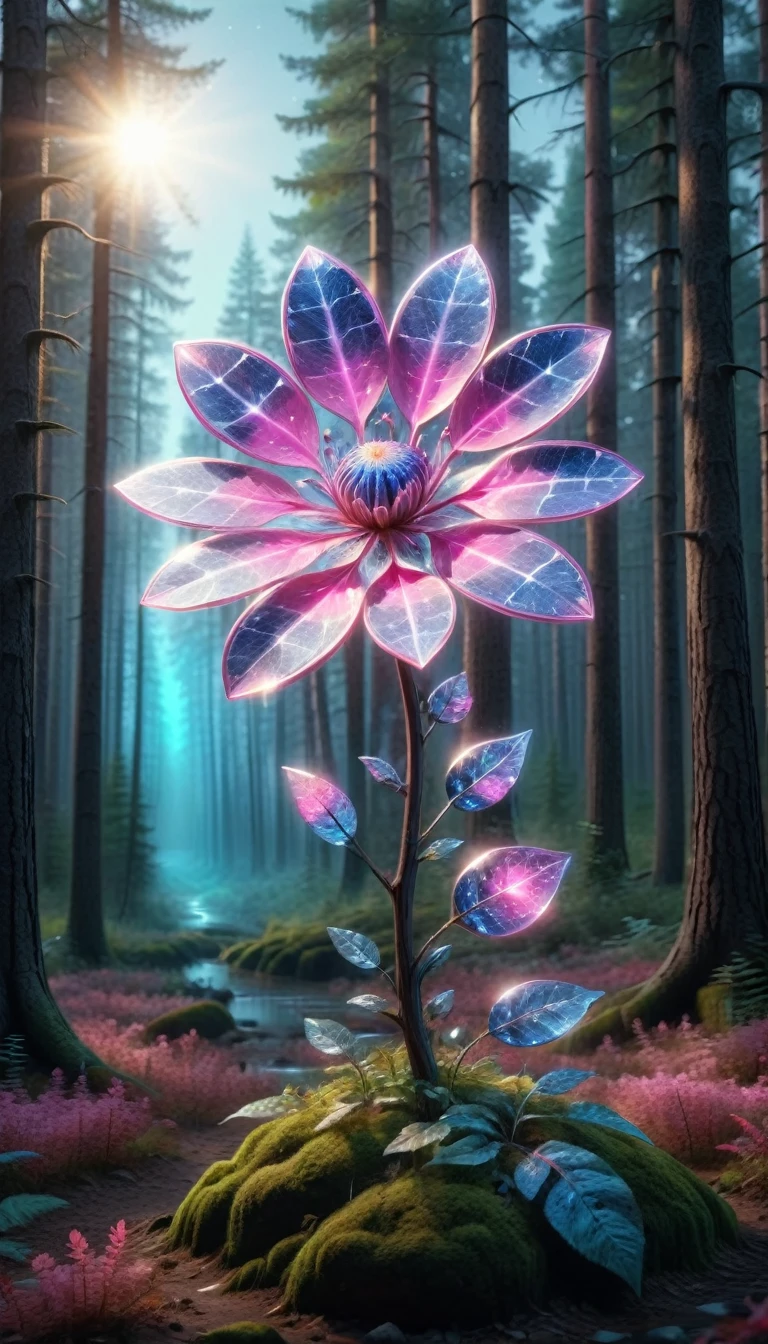 Ink illustration, Bioluminescent pink flower, Wonderful night forest, Magical Radiance, Concept Art,Depth of written boundarym, Realistic, Cinema Lighting, Soft Shadows,fractal, colorful, Depth of written boundary , Vibrant colors, Volumetric lighting, ink stain, Ink splash, Ink flows, Ink blotches, Faded ink, Made by RAL-PHTVoltc 