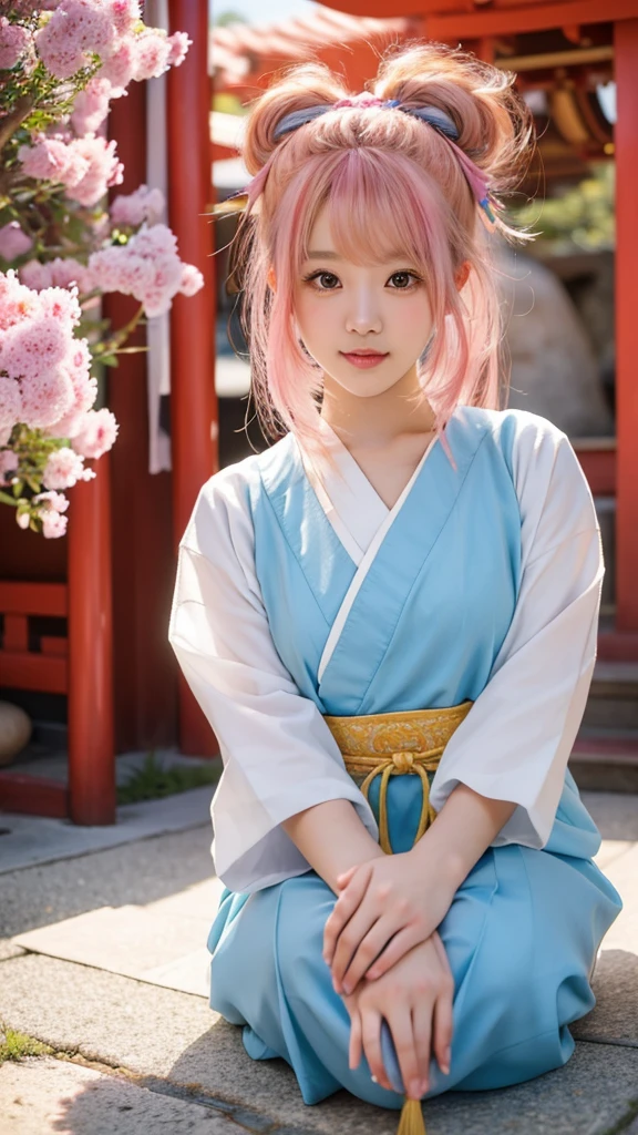 创建 4K 图像，展现 20 岁日本女神的可爱形象，她有着鲜艳的头发, 面向正前方. 她双手捧着一颗大大的心. 背景应为一座迷人的寺庙. 整体风格要生动, 详细的, 捕捉日本传统服饰的优雅与美丽, 融合动漫元素.