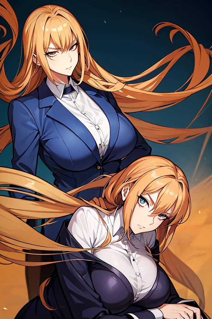 "Anime-style: Describe a very tall woman in her 60s with long, golden blonde hair in large coils at the ends. She wears an imposing blue suit with elegant, striking details. Her expressive eyes shine with determination, and her intimidating, penetrating gaze fascinates. Arrogant attitude, confident posture, powerful aura, magnetic presence."






