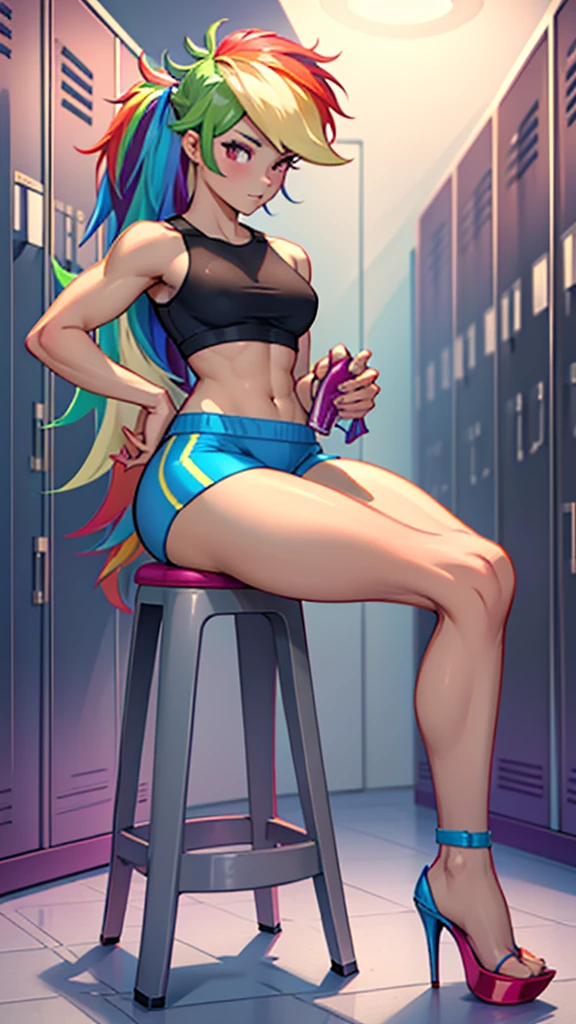 best quality, high quality, a cute girl, solo, rainbow dash, small croptop, spandex shorts, thick thighs, ((open-toe stiletto heels, visible feet, highly detailed feet, holding a dildo)), locker room, school, ((4k, masterpiece, high-resolution))