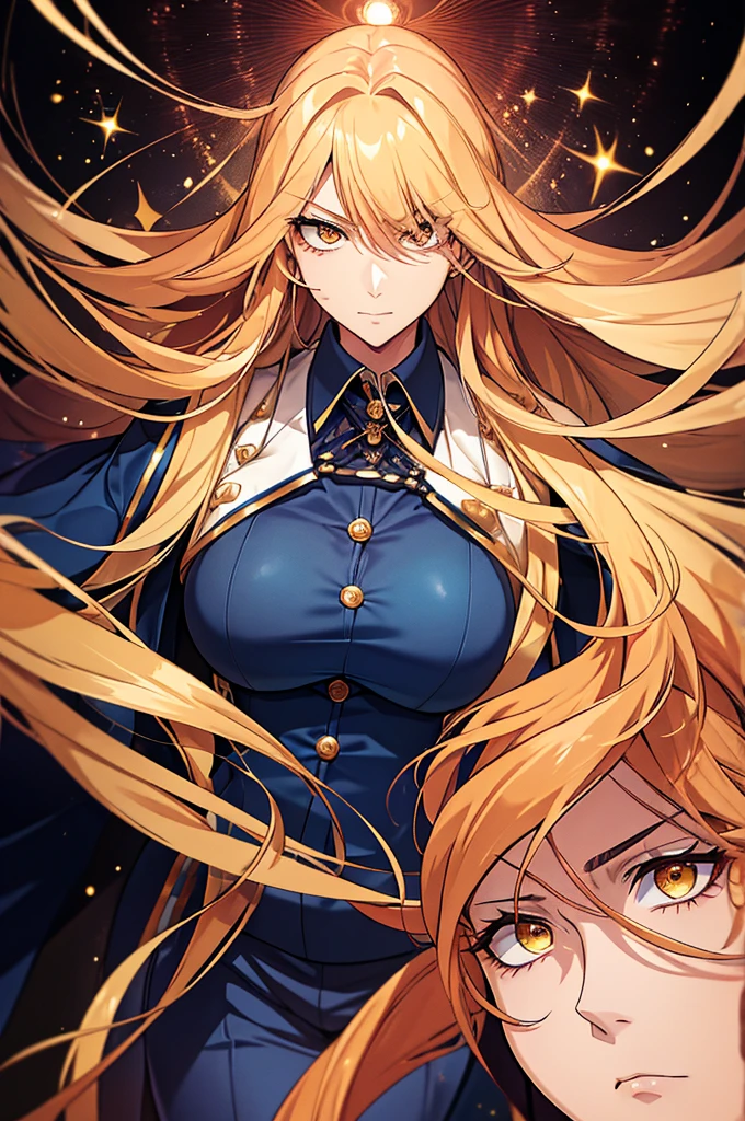 describe the appearance of a very tall woman in her 60s, with long golden blonde hair in large coils at the ends. She wears an imposing blue suit, with elegant and eye-catching details, typical anime style. His expressive eyes sparkle with determination, while his intimidating and penetrating gaze fascinates whoever crosses his path. His arrogant attitude is accompanied by a confident and powerful posture, conveying an aura of authority. Your presence is magnetic and attracts the attention of everyone around you., making them feel attracted to your captivating and mysterious personality.