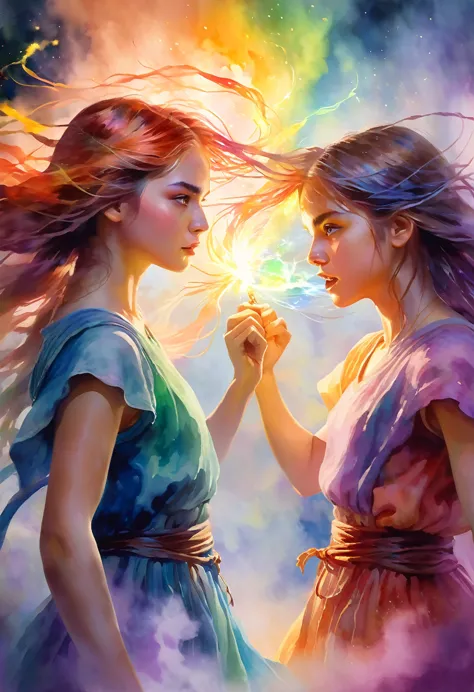 a medium quality digital painting of [Portrait of two girls fighting], unravel,[Cast A Spell], fantasy art, colorful, emotional,...