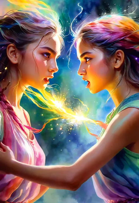 a medium quality digital painting of [Portrait of two girls fighting], unravel,[Cast A Spell], fantasy art, colorful, emotional,...