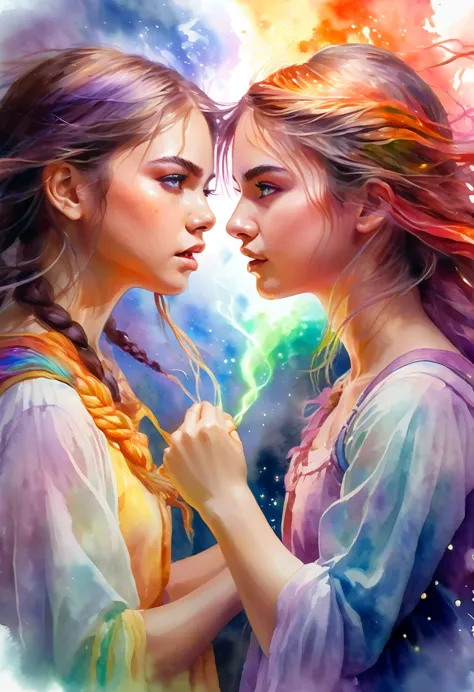 a medium quality digital painting of [portrait of two girls fighting], unravel,[cast a spell], fantasy art, colorful, emotional,...