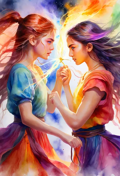 a medium quality digital painting of [Portrait of two girls fighting], unravel,[Cast A Spell], fantasy art, colorful, emotional,...