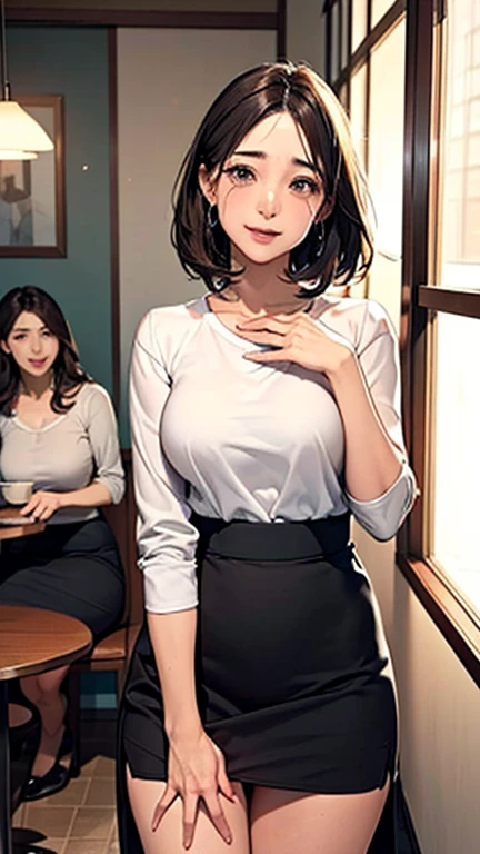 1 Woman, Japanese Woman,(Housewife:1.5),(40 Years Old:1.68),(Attractive Mature Woman:1.66),(Middle Age:1.78),(Small Round Face:1,69),(small breasts:1.5),((graduated haircut)),Casual, simple blouse,V-neckline,knee-length skirt, blouse in bright colors,pastel shades,(((cafe interior,in room))),(Pressing the crotch with the hand on the skirt:1.82),(excitement:1.2),(tears:1.03)