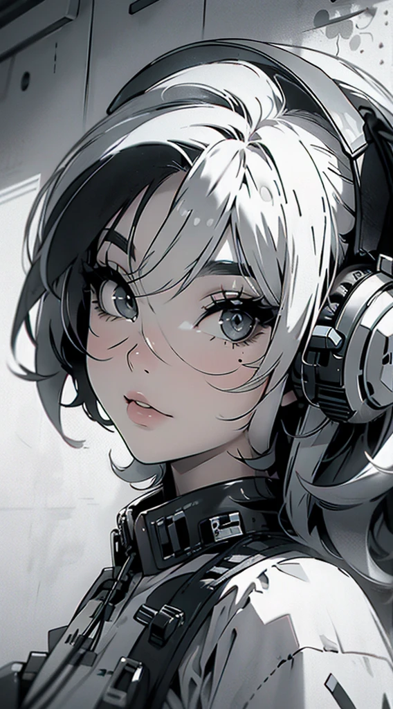 High quality, one girl, close-up, black and white, monochrome, headphones