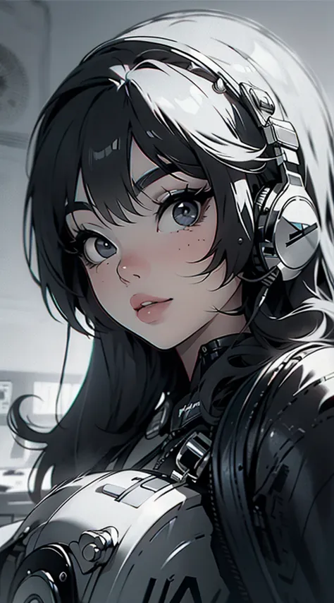 High quality, one girl, close-up, black and white, monochrome, headphones