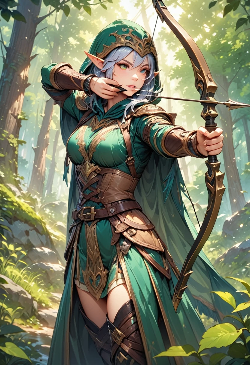 (Ashe: Archer,Characters appearing in League of Legends,female elf hunter),nordic forest background,black hooded cloak,Eyes aiming at prey,(bow \(weapon\), arrow \(projectile\), holding bow \(weapon\), aiming, holding arrow, drawing bow,),BREAK,(bow: structurally correct),BREAK,(masterpiece:1.3),(highest quality:1.4),(ultra detailed:1.5),High resolution,extremely detailed,unity 8k wallpaper,anatomically correct,perfect anatomy,rich colors,Calm color scheme,Carefully depicting a beautiful Nordic forest,walk among the trees