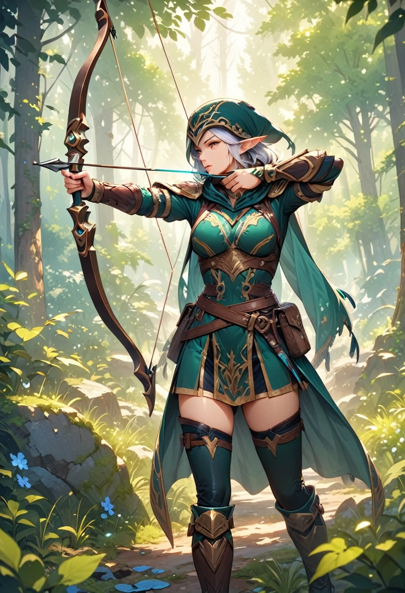 (Ashe: Archer,Characters appearing in League of Legends,female elf hunter),nordic forest background,black hooded cloak,Eyes aiming at prey,(bow \(weapon\), arrow \(projectile\), holding bow \(weapon\), aiming, holding arrow, drawing bow,),BREAK,(bow: structurally correct),BREAK,(masterpiece:1.3),(highest quality:1.4),(ultra detailed:1.5),High resolution,extremely detailed,unity 8k wallpaper,anatomically correct,perfect anatomy,rich colors,Calm color scheme,Carefully depicting a beautiful Nordic forest,walk among the trees