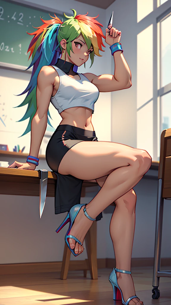 best quality, high quality, a cute girl, solo, rainbow dash, small croptop, spandex shorts, thick thighs, ((open-toe stiletto heels, visible feet, highly detailed feet, holding a knife)), classroom, school, ((4k, masterpiece, high-resolution))