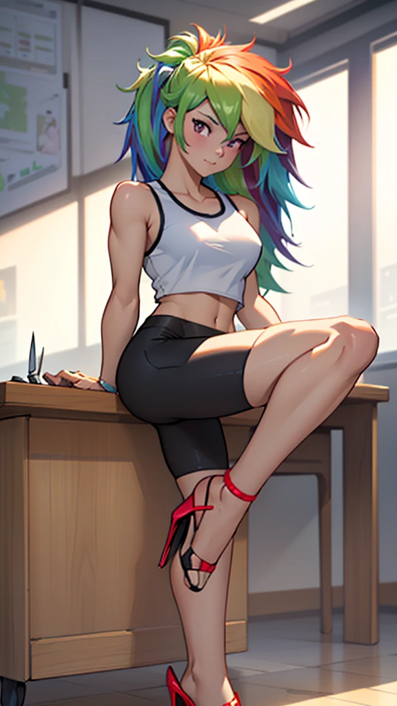 best quality, high quality, a cute girl, solo, rainbow dash, small croptop, spandex shorts, thick thighs, ((open-toe stiletto heels, visible feet, highly detailed feet, holding a knife)), classroom, school, ((4k, masterpiece, high-resolution))