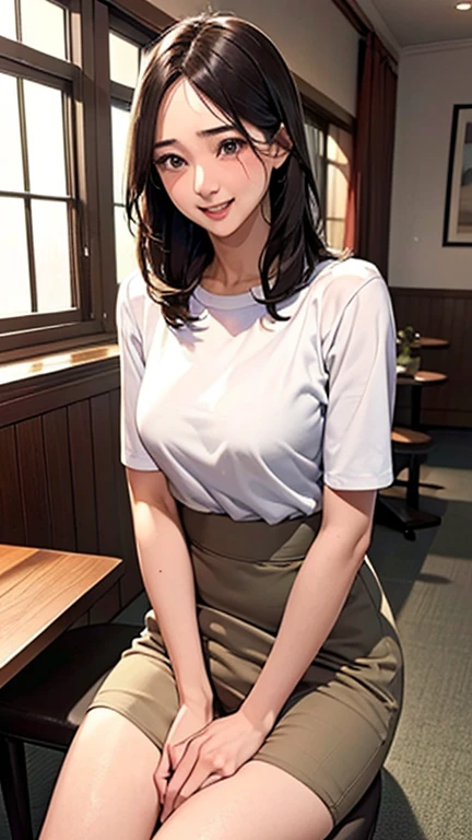 1 Woman, Japanese Woman,(Housewife:1.5),(40 Years Old:1.68),(Attractive Mature Woman:1.66),(Middle Age:1.78),(Small Round Face:1,69),(small breasts:1.5),((graduated haircut)),Casual, simple blouse,V-neckline,knee-length skirt, blouse in bright colors,pastel shades,(((cafe interior,in room))),(Pressing the crotch with the hand on the skirt:1.72),(excitement:1.6),(tears:1.03)